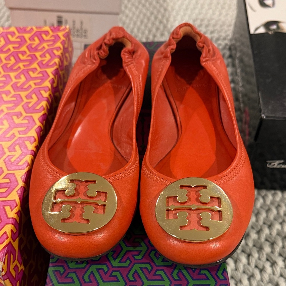 Tory Burch Red Ballet Flats with Gold Logo